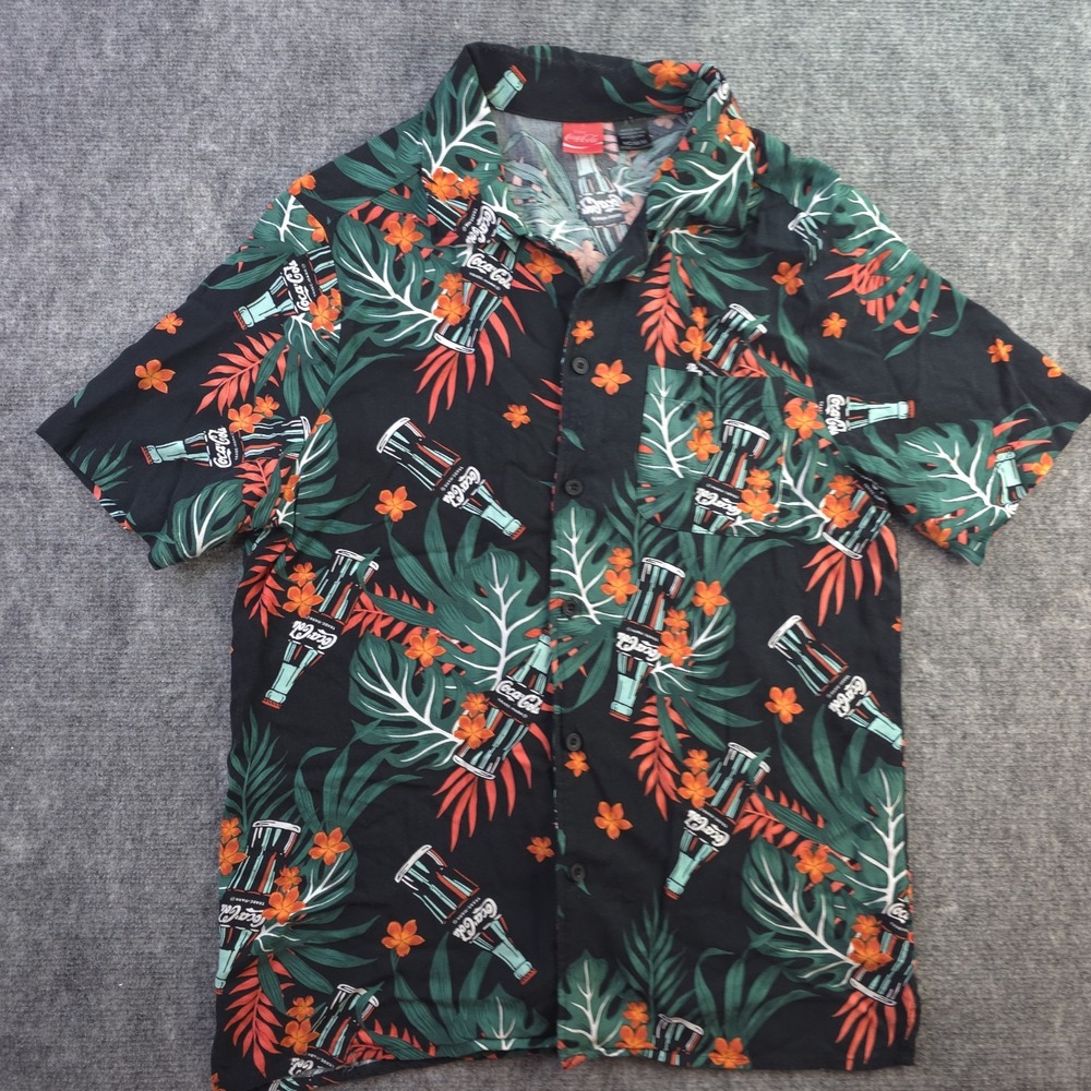 Coca Cola Hawaiian Shirt‎ Medium Black Floral Short Sleeve Camp Rayon